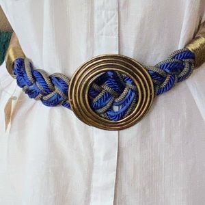 Vintage 80s Braided Rope Belt Brass Buckle Medallion Cobalt Blue One Siz…